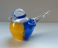 Mini urn - vogeltje -  geel met blauw